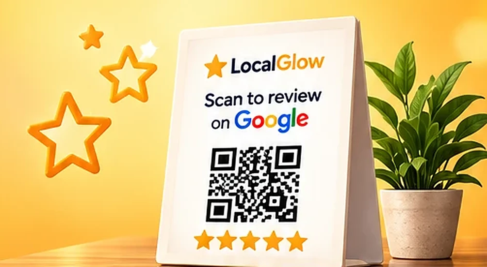 LocalGlow 'Scan to review on Google' QR standee with stars and a plant