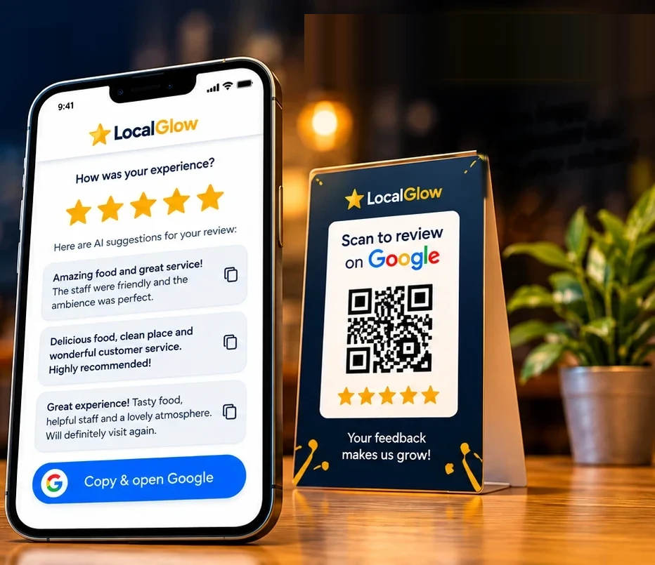 Phone showing AI review suggestions next to a LocalGlow 'Scan to review on Google' QR standee on a café table